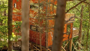 Een houten boomhut met meerdere verdiepingen en een houten terras, omringd door dicht bos.