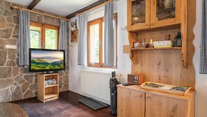 A cozy room with a stone wall, wooden cabinets, a television, and a window with checkered curtains. - Alpine Chalet Metka at Lake Bohinj (Bohinj)