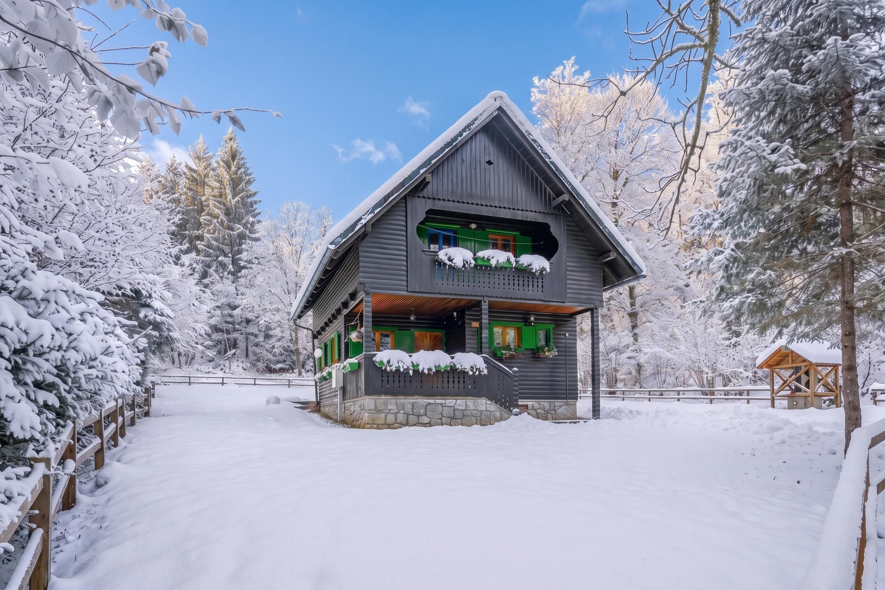 A two-story cabin with a stone foundation, green shutters, and a balcony with snow-covered railings.
