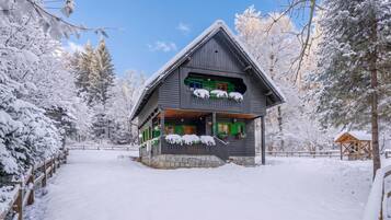 A two-story cabin with a stone foundation, green shutters, and a balcony with snow-covered railings.