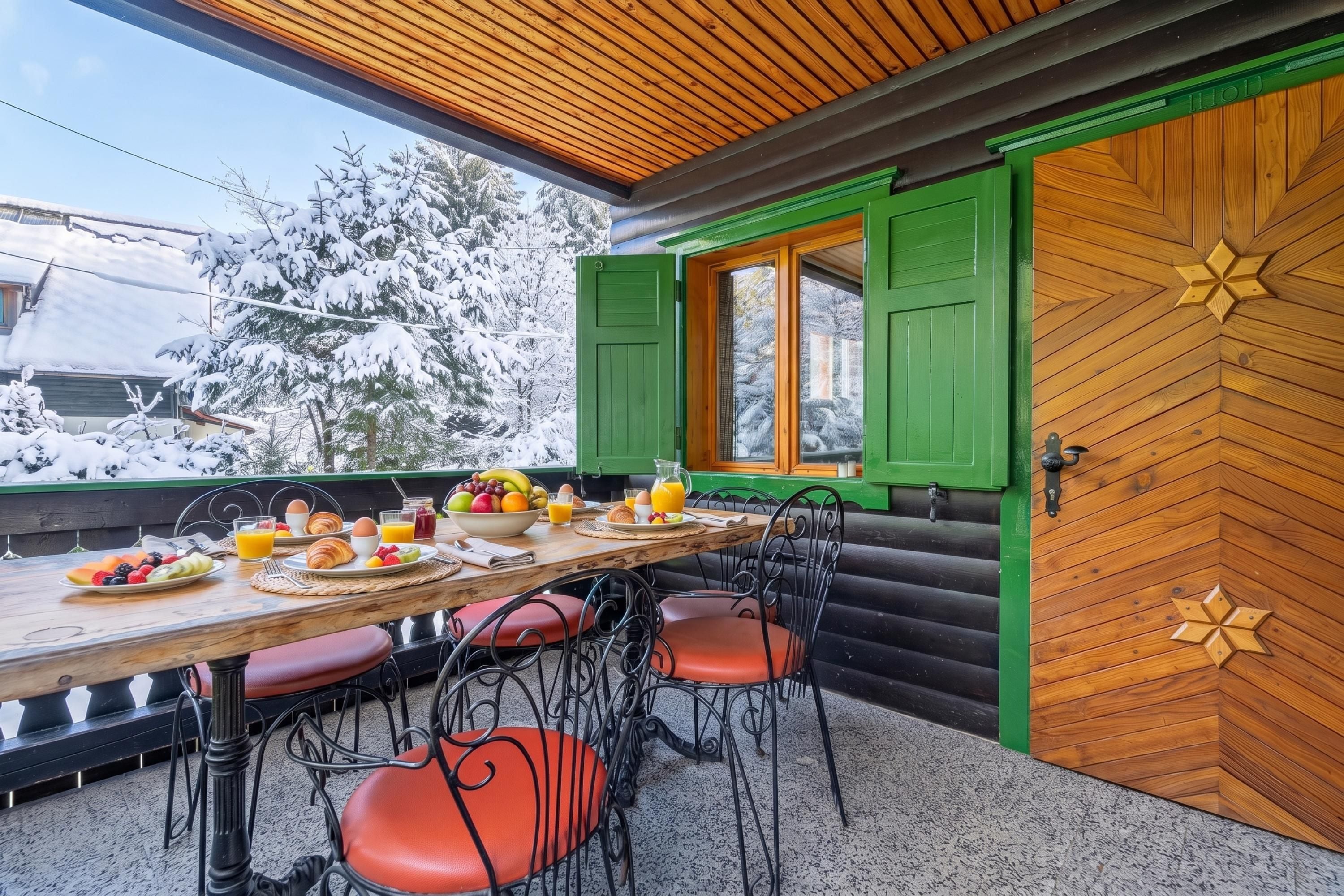 A breakfast table set with fruits, eggs, and juice, with a view of snow-covered trees outside.