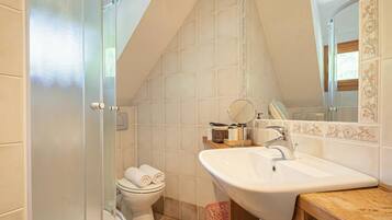 A bathroom with a shower, toilet, sink, and a mirror.