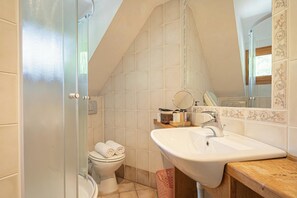 A bathroom with a shower, toilet, sink, and a mirror. - Alpine Chalet Metka at Lake Bohinj (Bohinj)