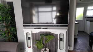 Un salon avec un téléviseur à écran plat fixé au-dessus d’une cheminée blanche, une plante en pot et une bouteille de vin posée sur une table.