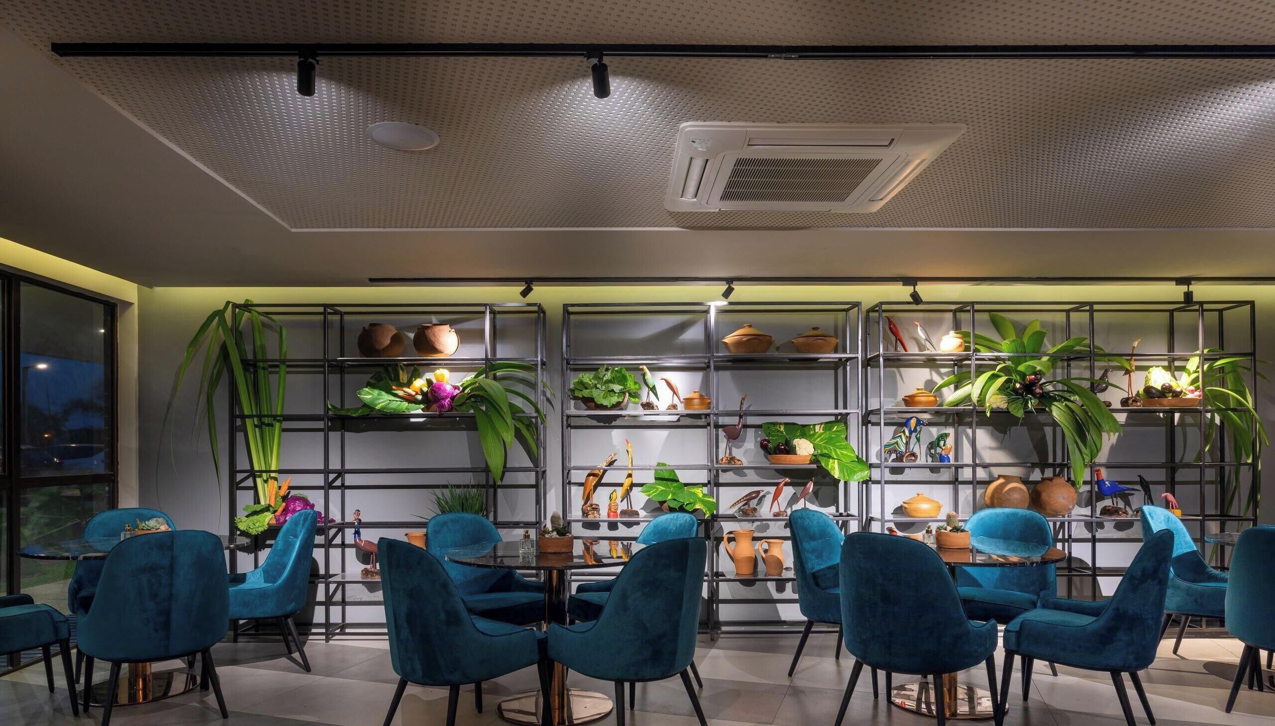 A modern dining area with blue chairs, a round table, and shelves with plants and pottery.