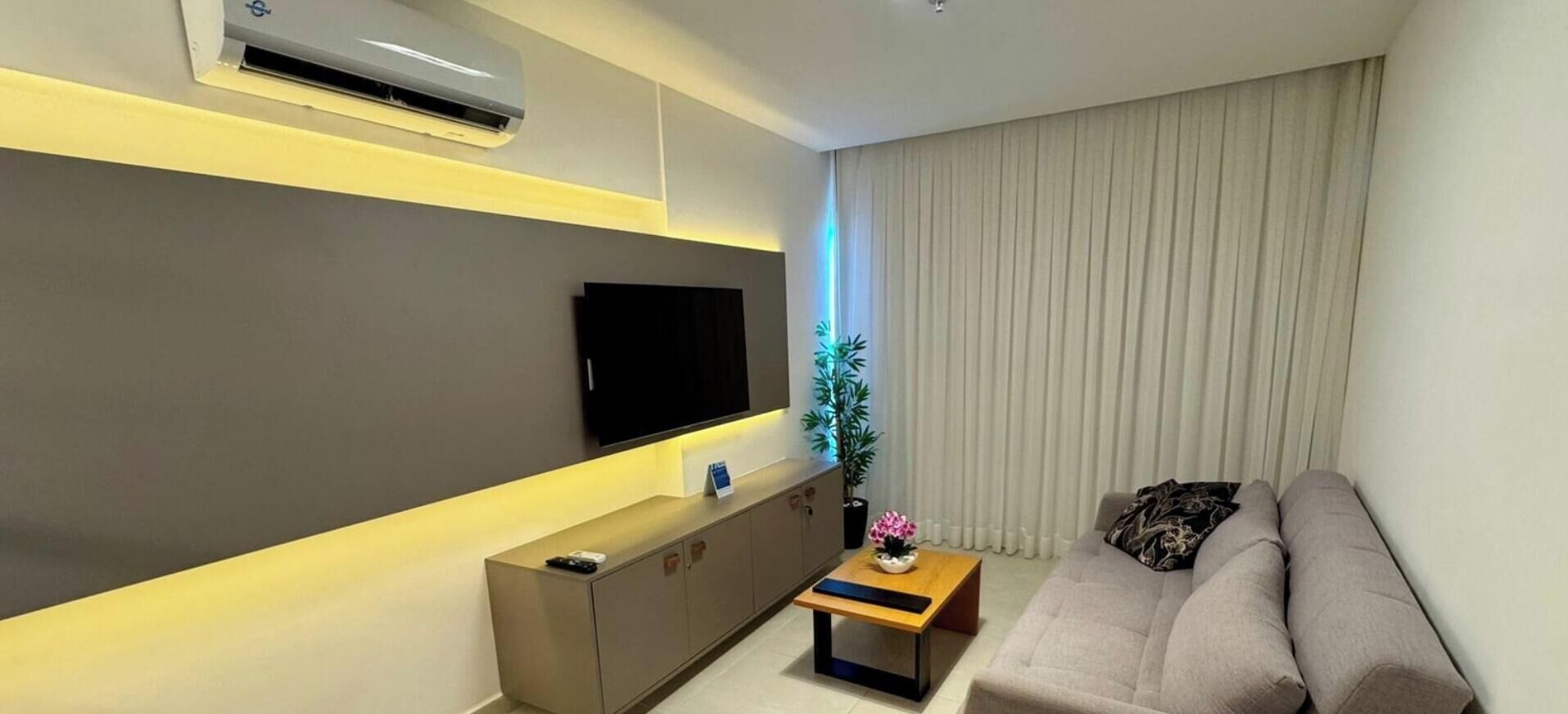Una sala de estar moderna con un televisor de pantalla plana, un sofá, una mesa de centro y una planta en maceta.