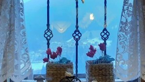 A window with lace curtains, two wicker baskets with flowers, and a metal stand with a bulb. - Chalet-Tabia'al Sol romantic apartment with breathtaking views in the Dolomites (Pecol)