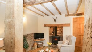 Una sala de estar acogedora con chimenea de piedra, vigas de madera, un televisor y un sillón cómodo.