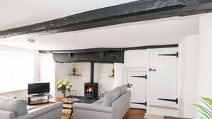 A living room with a fireplace, two grey sofas, a television, and a plant. - Lime Cottage (Bridport)