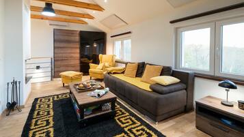 Casa familiar, varias habitaciones, 2 baños, junto a la montaña (Cozy House In Nature With Hot Tub) | Área de sala de estar | Televisión y chimenea