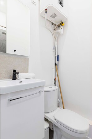 Douche, sèche-cheveux, serviettes fournies, shampoing