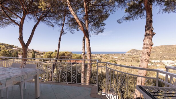 Une terrasse avec une table et des chaises, entourée d’arbres et offrant une vue sur le paysage.