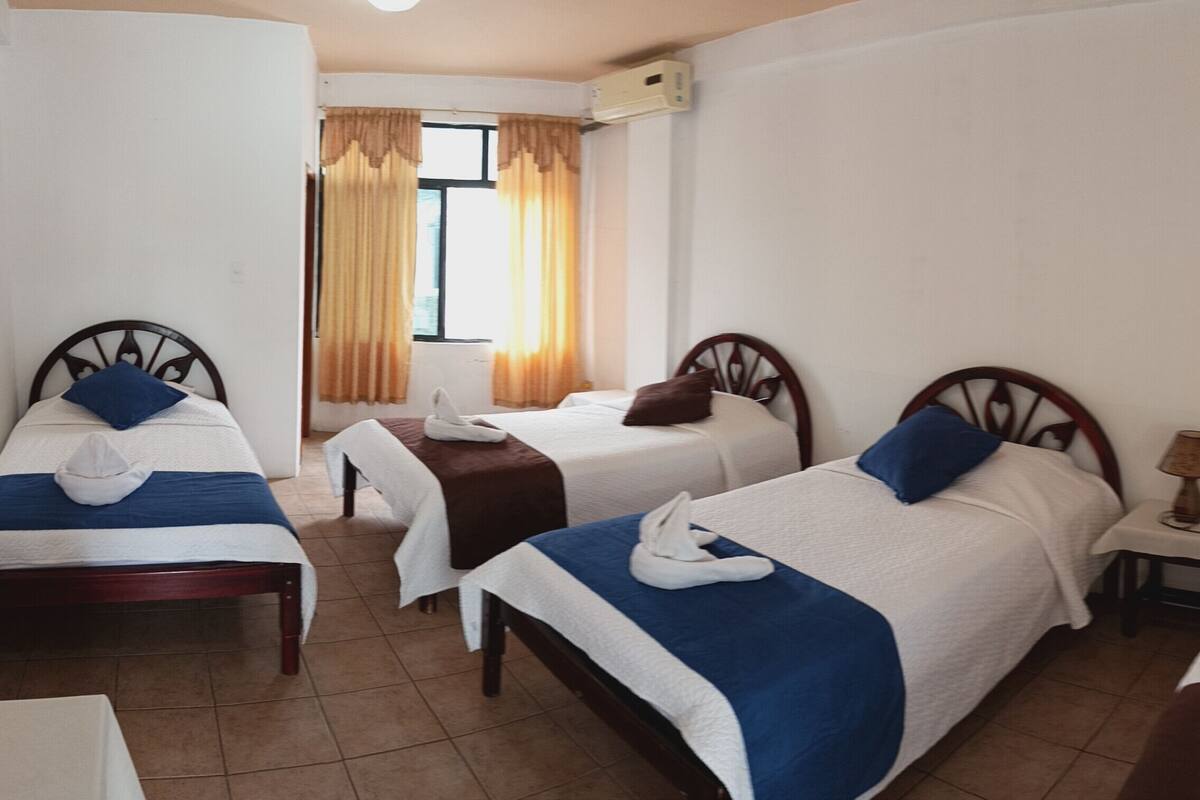 A hotel room with three single beds, each with a white and blue bedspread, and a brown pillow. There is a small bedside table with a lamp on it. The room has white walls and a window with curtains.