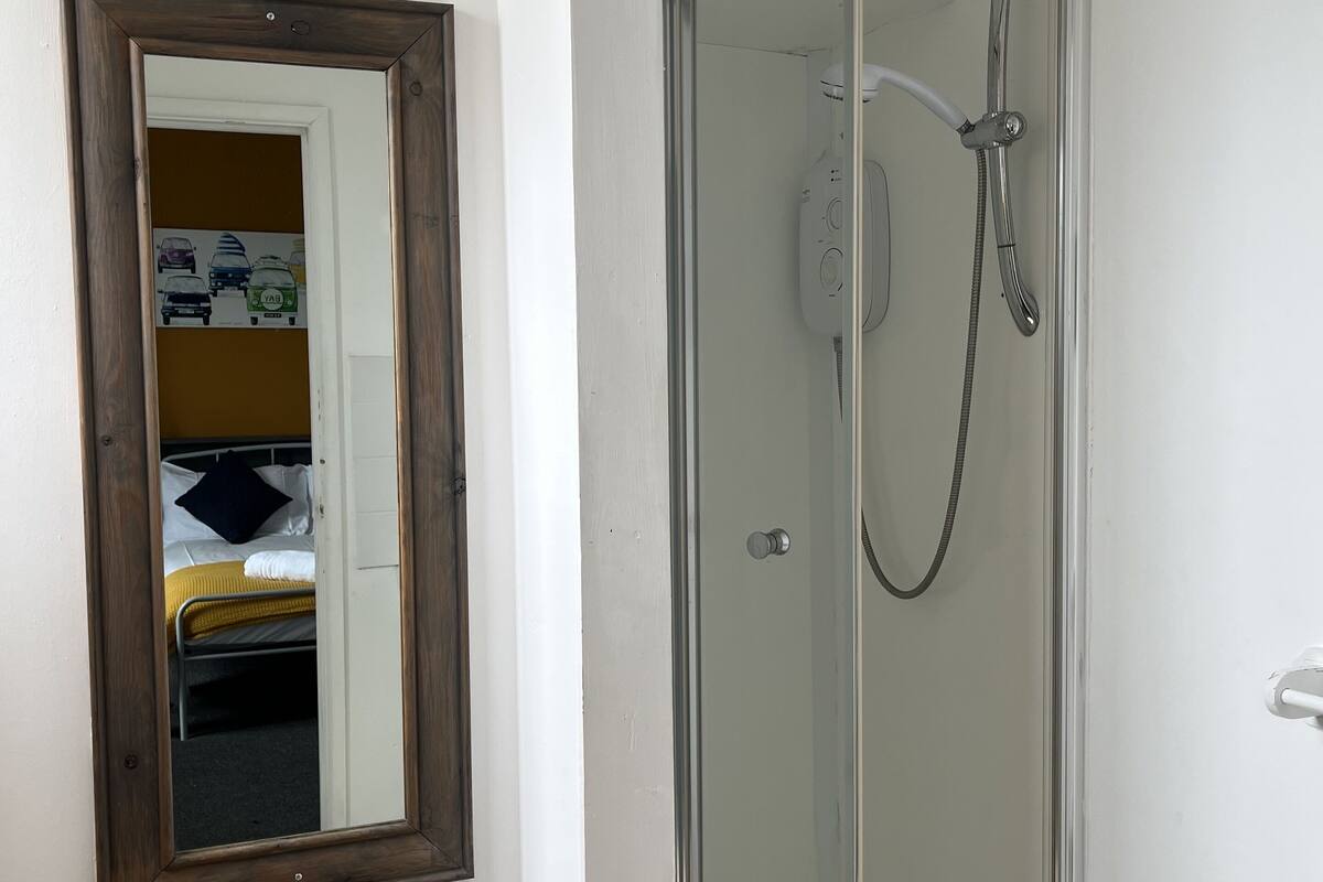 Une cabine de douche fermée par des parois en verre, équipée d’un pommeau de douche à main et d’un flexible.