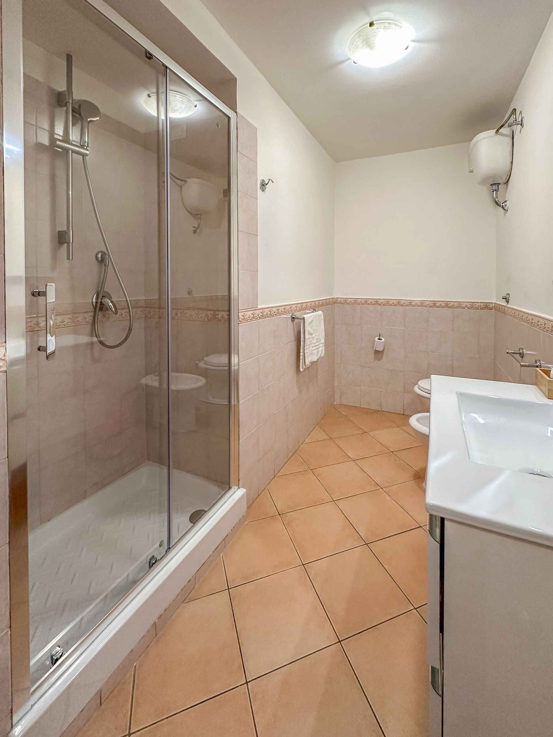 A bathroom with a glass-enclosed shower, a white sink, and a toilet.