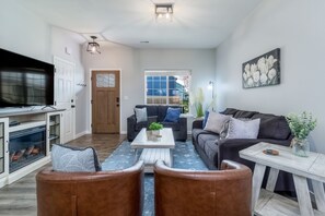 Smart TV, fireplace, video games, DVD player