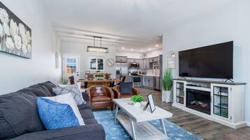 Smart TV, fireplace, video games, DVD player