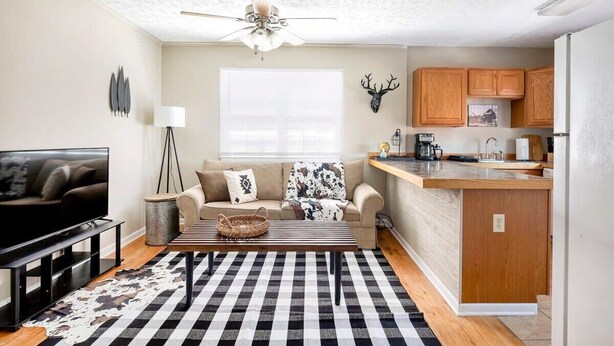 A modern living room with a sofa, TV, and a ceiling fan.