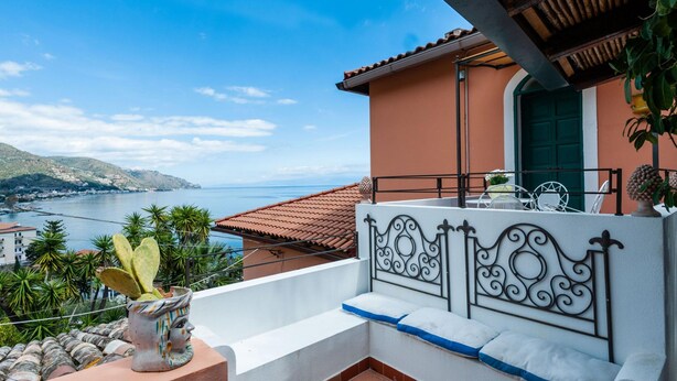 A balcony with a view of the sea, a white railing, and a potted plant.