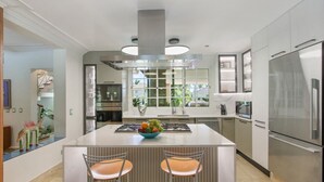 Een moderne keuken met een centraal eiland, roestvrijstalen apparatuur en uitzicht op de omgeving.