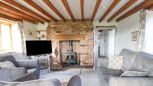 Una sala de estar acogedora con chimenea, sofás grises y un televisor sobre una mesita.