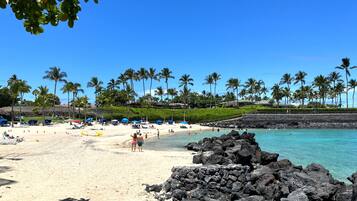 A beach with a rocky shoreline, palm trees, and beach umbrellas.