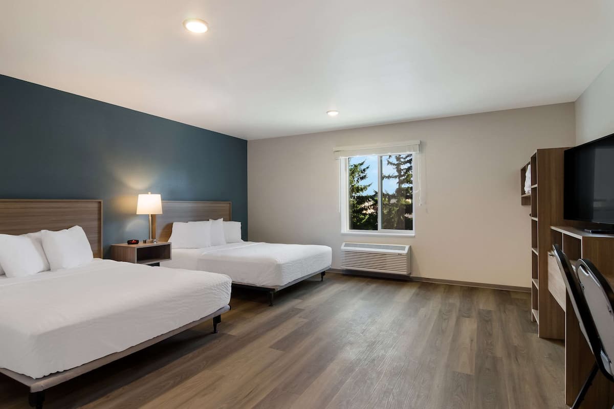 A hotel room with two beds, a TV, a window with a view of trees, and a ceiling light.