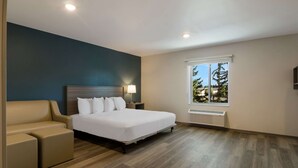 Habitación de hotel con cama, sofá, mesita de noche, lámpara, ventana con vista a árboles y televisor instalado en la pared.
