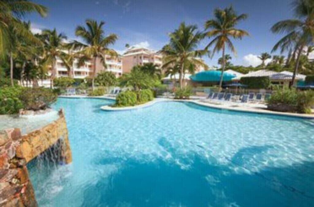 A resort pool with palm trees and a building in the background.