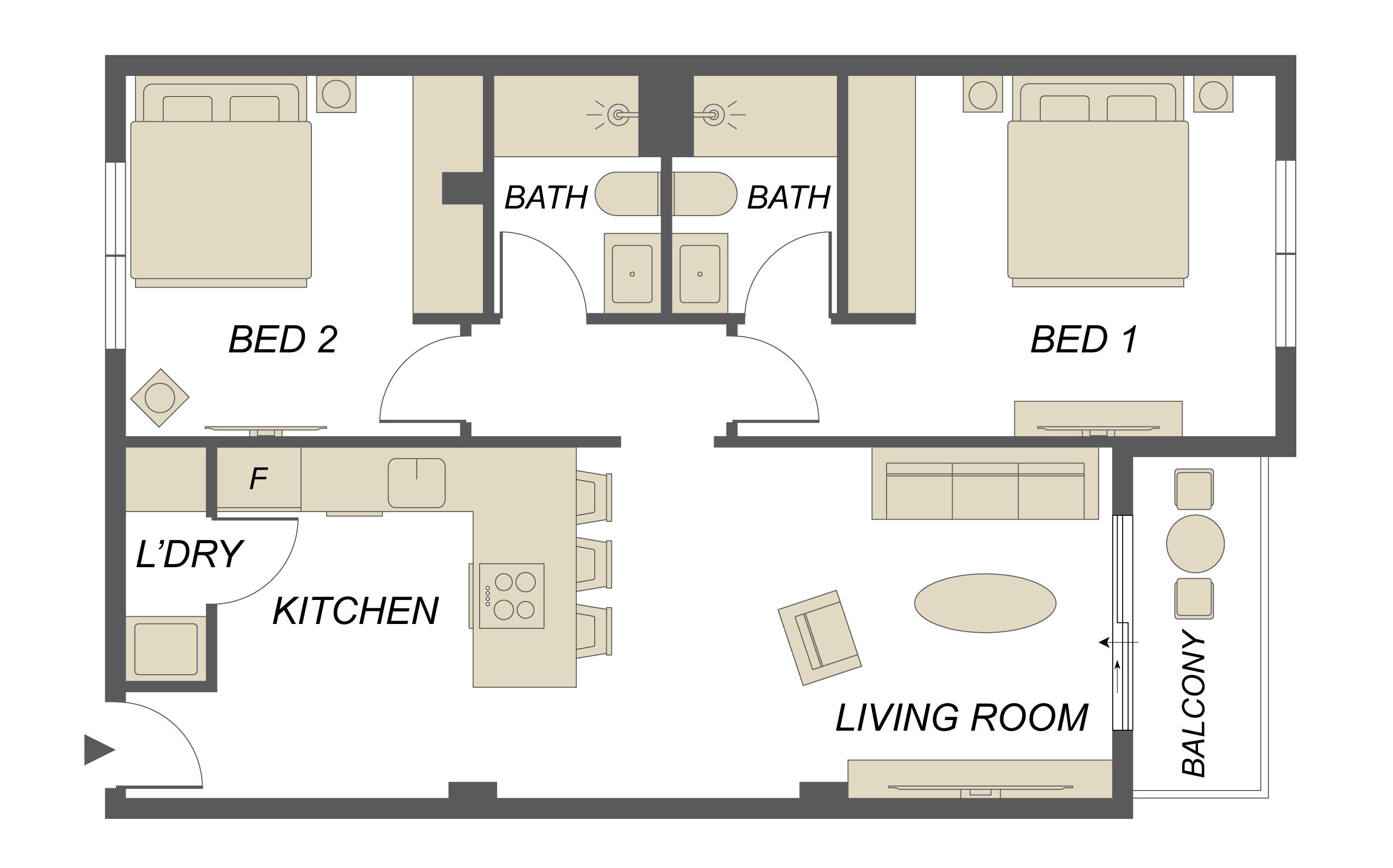 Plano de un hotel con dos dormitorios, dos baños, cocina, sala de estar y balcón.
