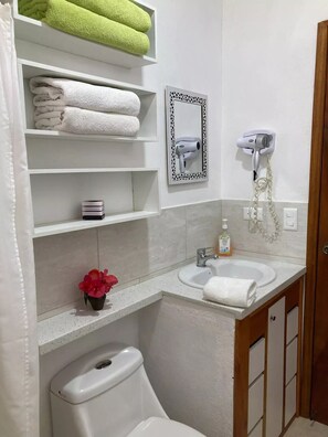 Shower, hair dryer, towels, soap