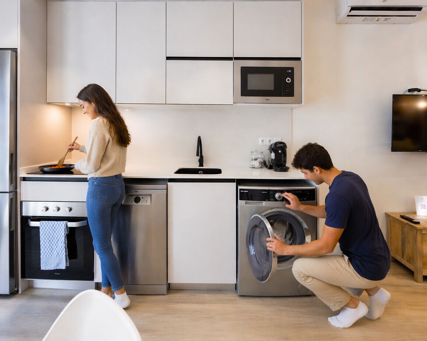 Een koelkast, een magnetron, een oven, een vaatwasser