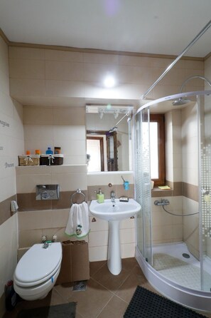 Douche, sèche-cheveux, bidet, serviettes fournies