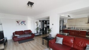 A modern living room with a red leather sofa, a small coffee table, and a TV. There is a kitchen area with cabinets and a dining table.