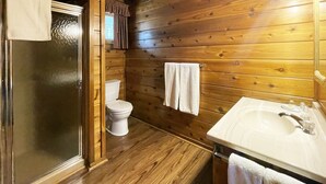 A wooden-paneled bathroom with a glass shower door, a toilet, and a sink with a mirror.