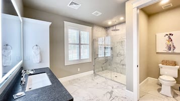 Shower, hair dryer, towels