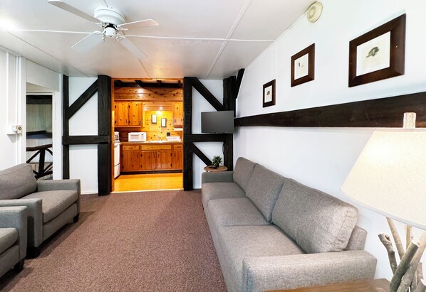 A living room with a grey sofa, a grey armchair, a ceiling fan, a television, and a kitchen in the background. - Poconos Rustic 1BR in the Poconos on Private Resort (Stroudsburg)