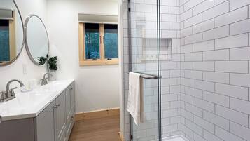 Shower, hair dryer, towels