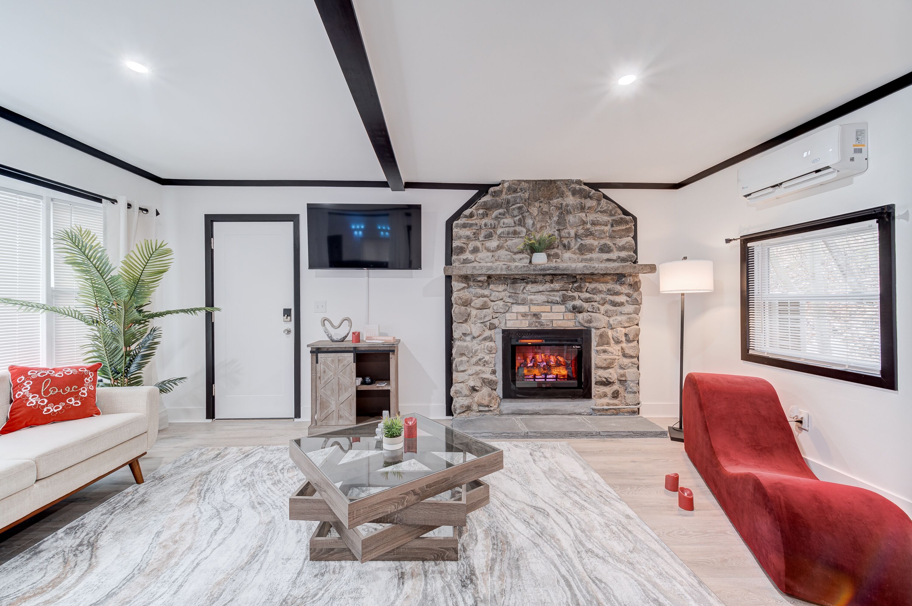 TV, fireplace