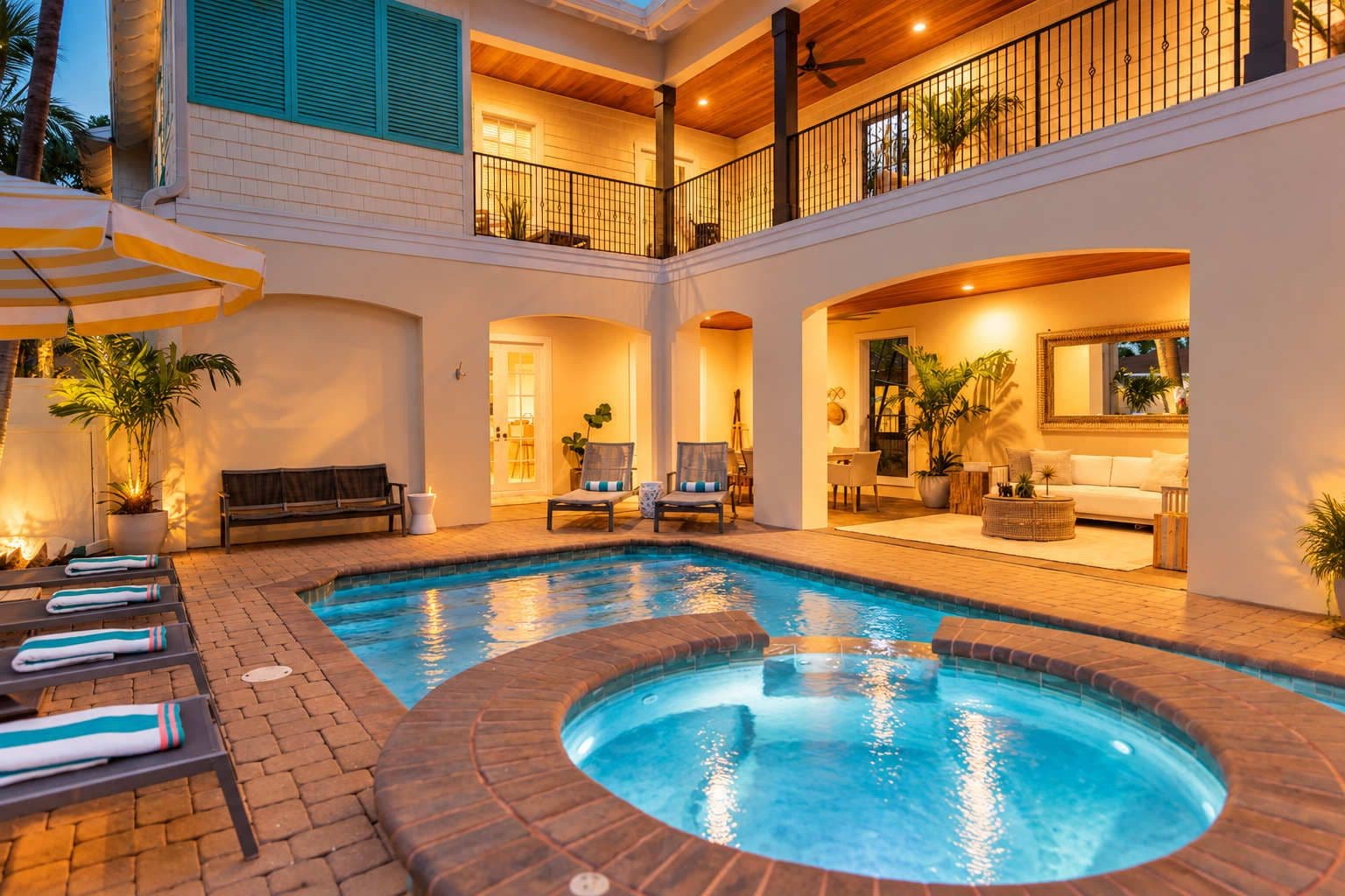 A multi-level outdoor pool area with lounge chairs, a hot tub, and a dining area.