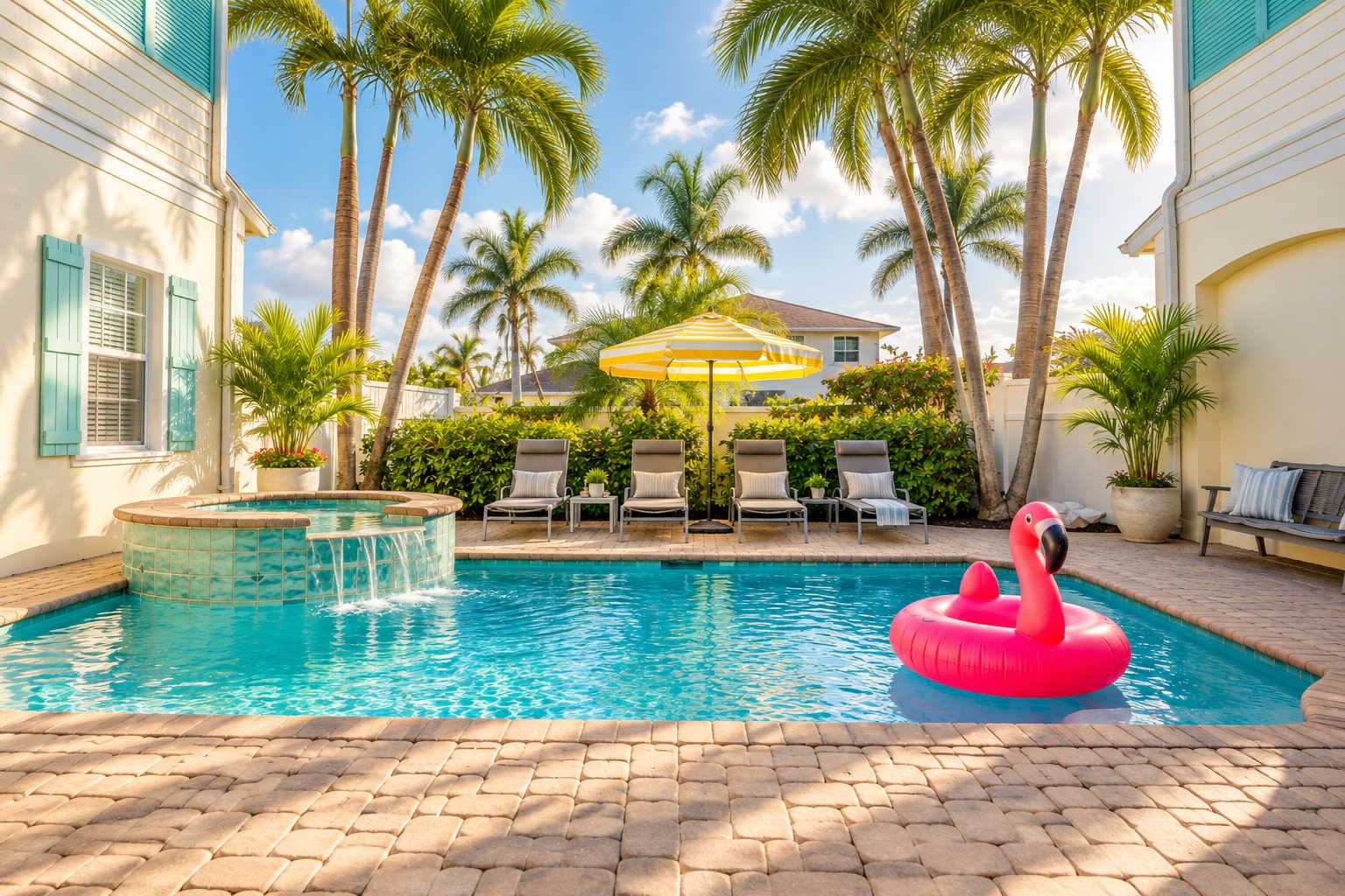 Une piscine avec un jacuzzi, des chaises longues et un flotteur en forme de flamant rose.