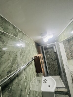 A bathroom with a shower, a sink, and a handrail. - White House Lodge B&B (Cambridge)