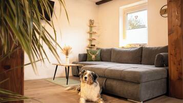 Ein gemütliches Wohnzimmer mit einem grauen Sofa, einem Holztisch und einer Zierpflanze.