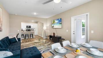 Smart TV, fireplace, foosball, table tennis