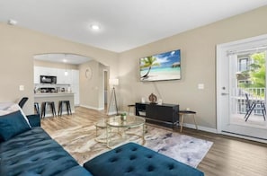 Smart TV, fireplace, foosball, table tennis
