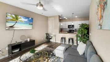 Smart TV, fireplace, foosball, table tennis