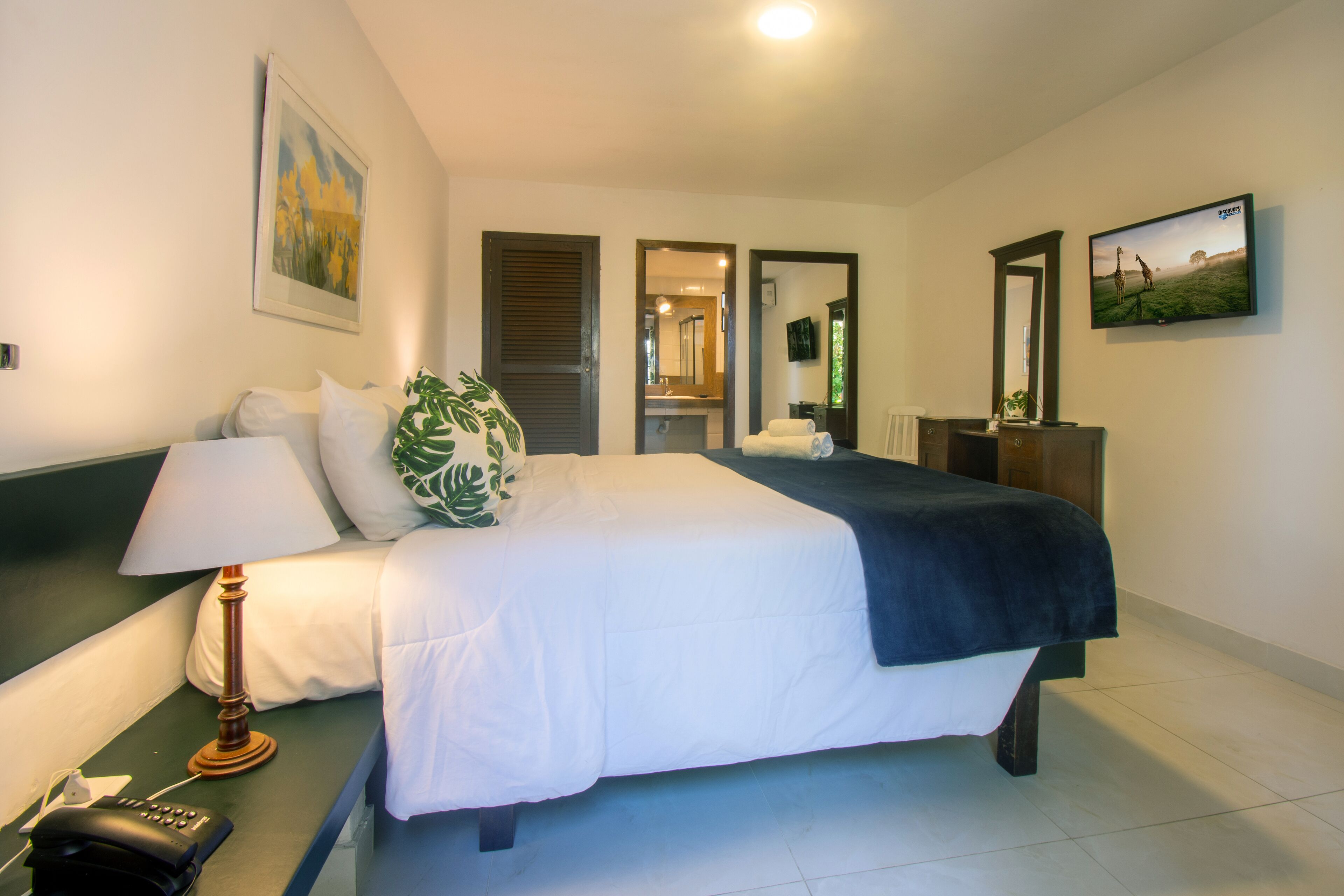 A hotel room with a bed, bedside lamp, a telephone, a mirror, and a painting on the wall.