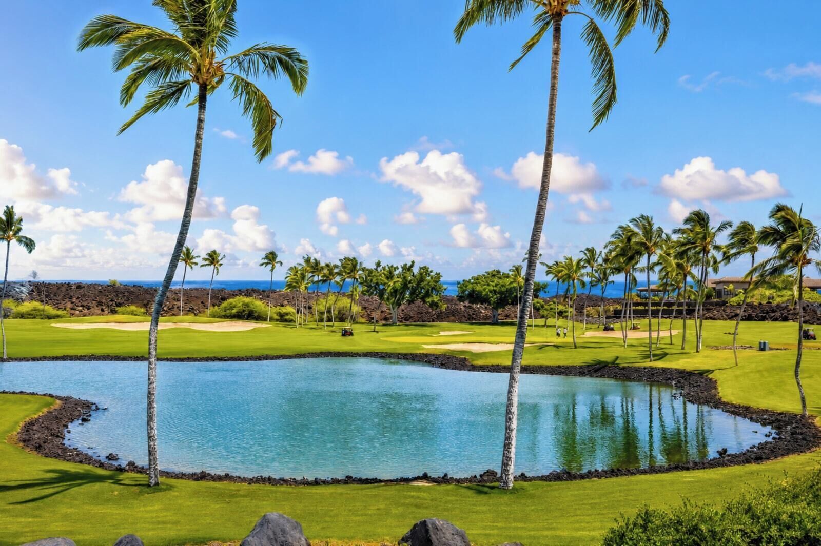 A golf course with a pond, palm trees, and a view of the ocean.
