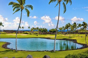 Un parcours de golf avec un étang, des palmiers et une vue sur l’océan.