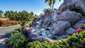 Een waterval met rotsen, palmbomen en weelderige begroeiing.